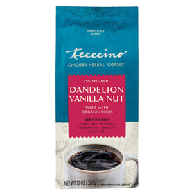 Teeccino Dandelion Vanilla Nut label emphasizes prebiotic inulin content.