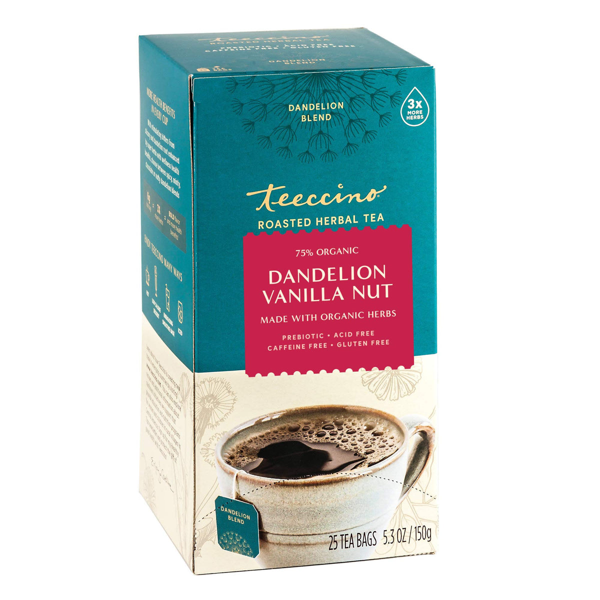 Teeccino Dandelion Vanilla Nut tea bag ready to steep for a naturally caffeine-free treat