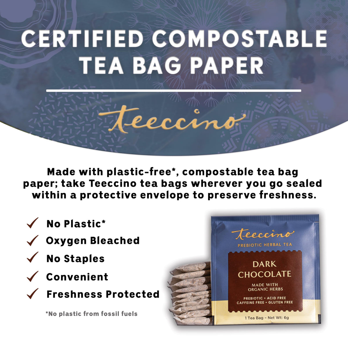 Teeccino Dark Chocolate brew in a cup with rich aroma.