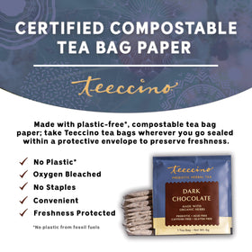 Teeccino Dark Chocolate brew in a cup with rich aroma.