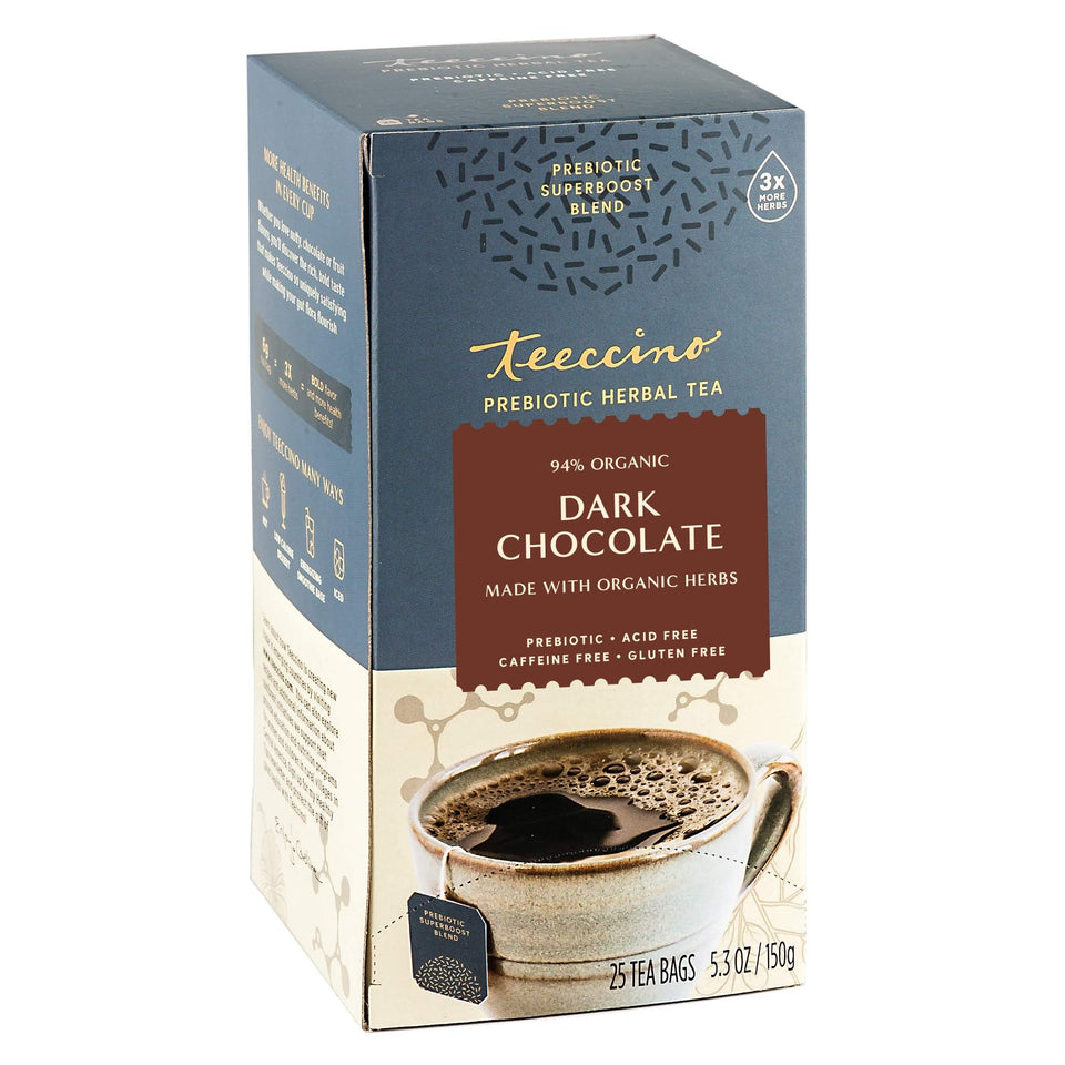 Teeccino Dark Chocolate Prebiotic Tea in a cup with rich flavor for gut-friendly sipping