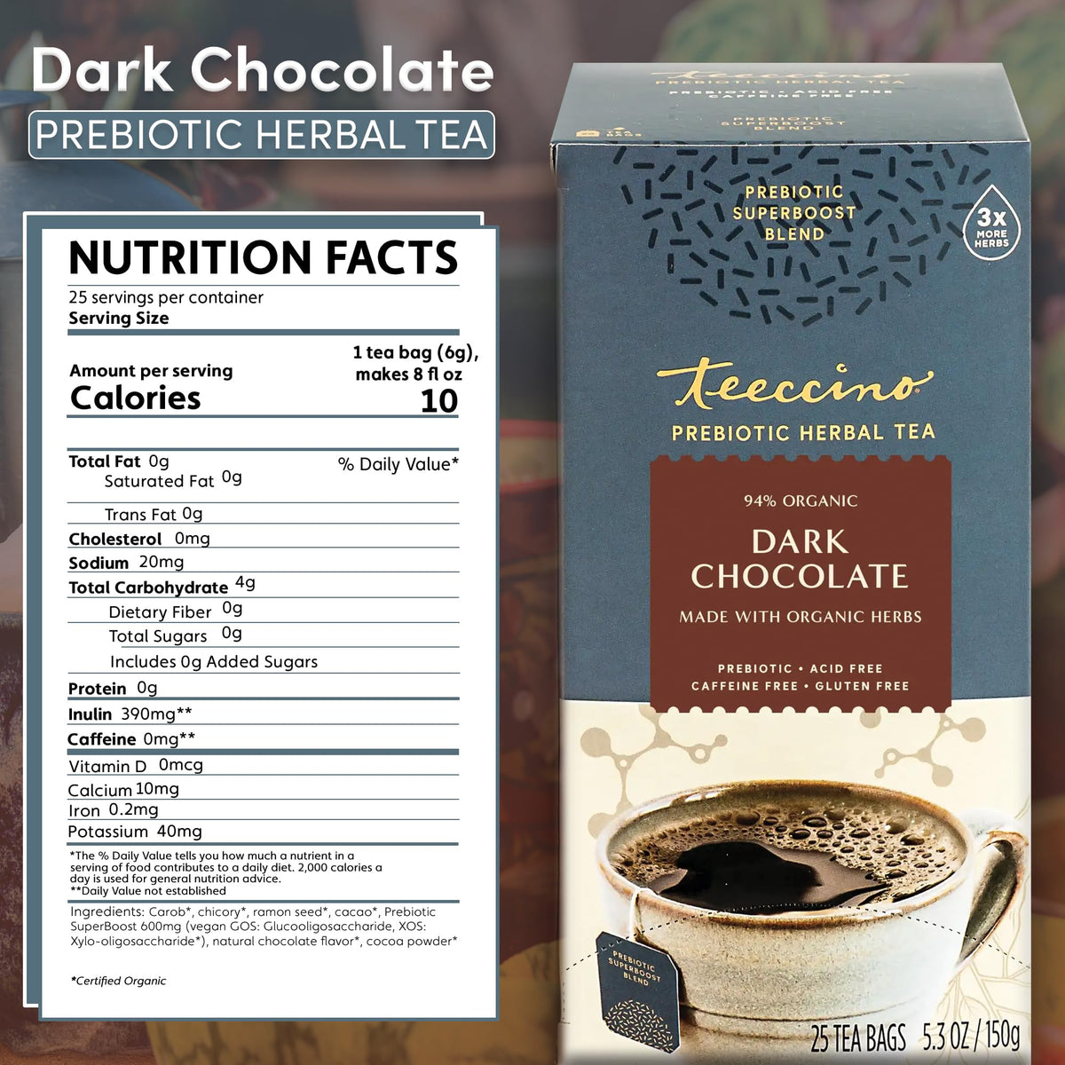 Teeccino tea packet on a wooden surface showing sugar-free chocolate aroma