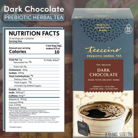 Teeccino tea packet on a wooden surface showing sugar-free chocolate aroma