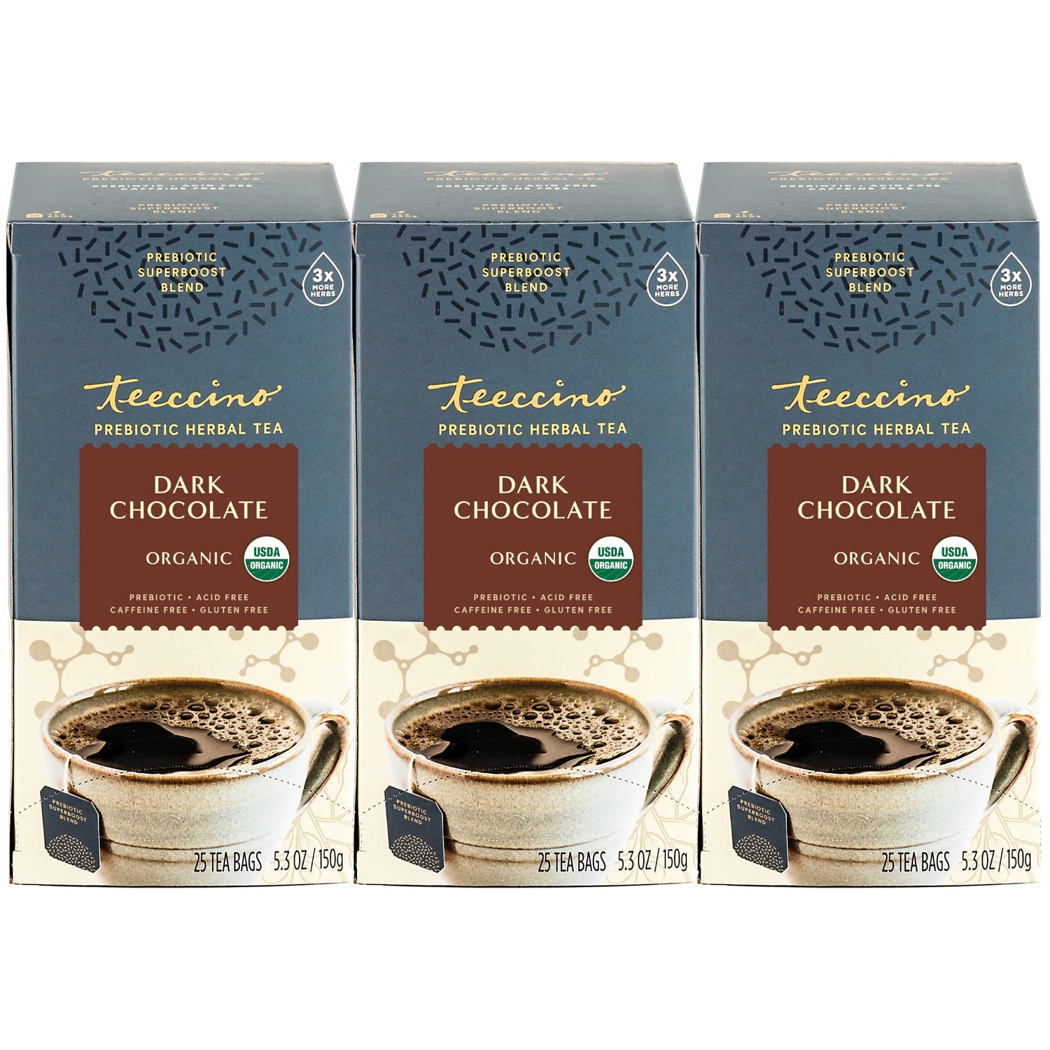 Teeccino Dark Chocolate tea bags in a pack for a caffeine-free, chocolatey brew.