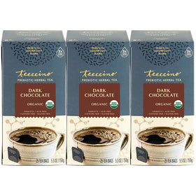 Teeccino Dark Chocolate tea bags in a pack for a caffeine-free, chocolatey brew.