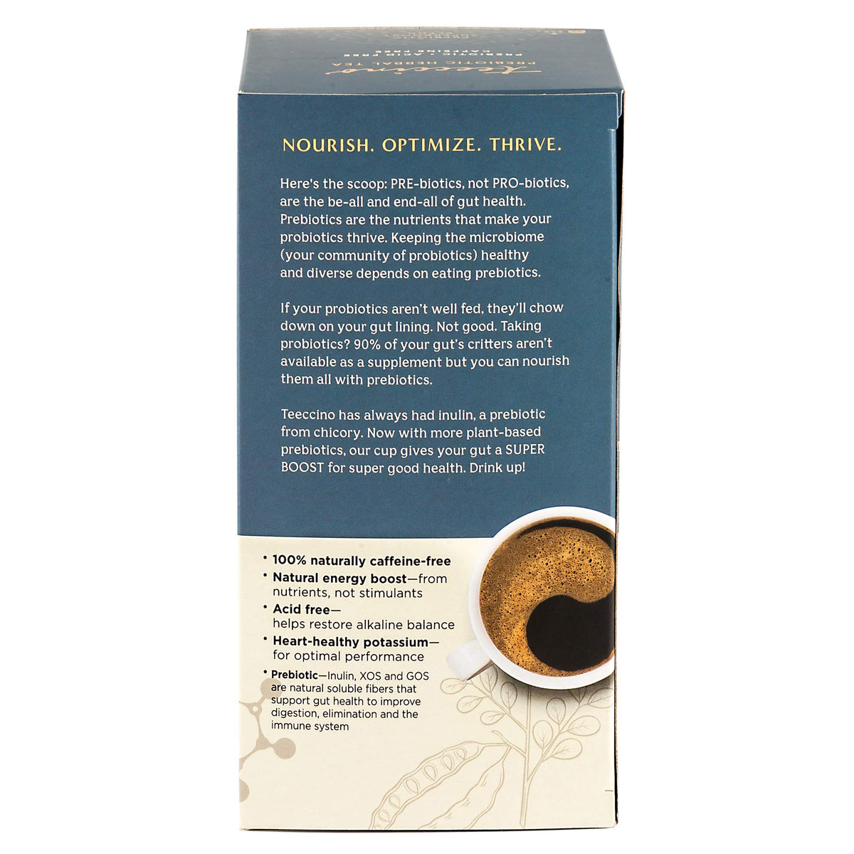 Teeccino dry ingredients featuring roasted herbs, roots, seeds, and cacao.
