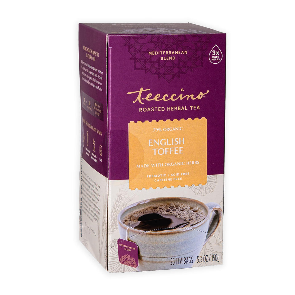 Teeccino English Toffee tea bag, caffeine-free herbal blend for relaxing moments and digestive comfort.