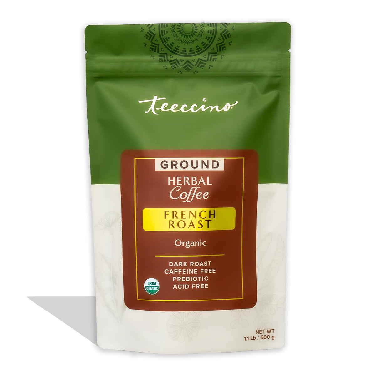 Teeccino French Roast chicory ground coffee bag ready to brew with bold, caffeine-free flavor.
