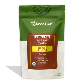 Teeccino French Roast chicory ground coffee bag ready to brew with bold, caffeine-free flavor.