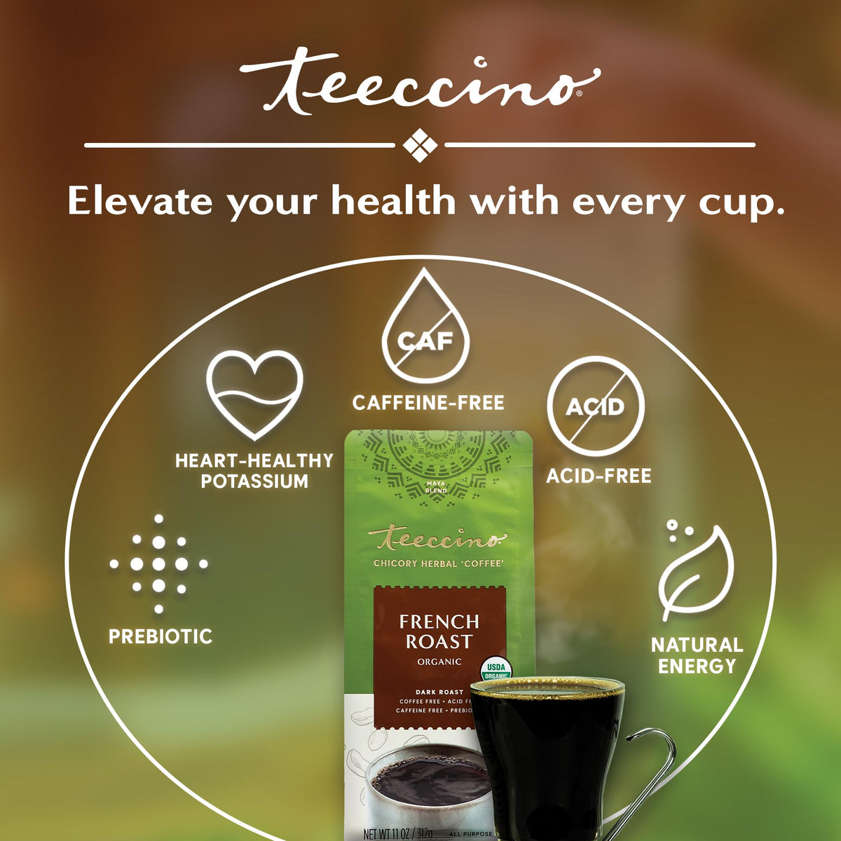 Teeccino French Roast Chicory Ground latte with creamy foam