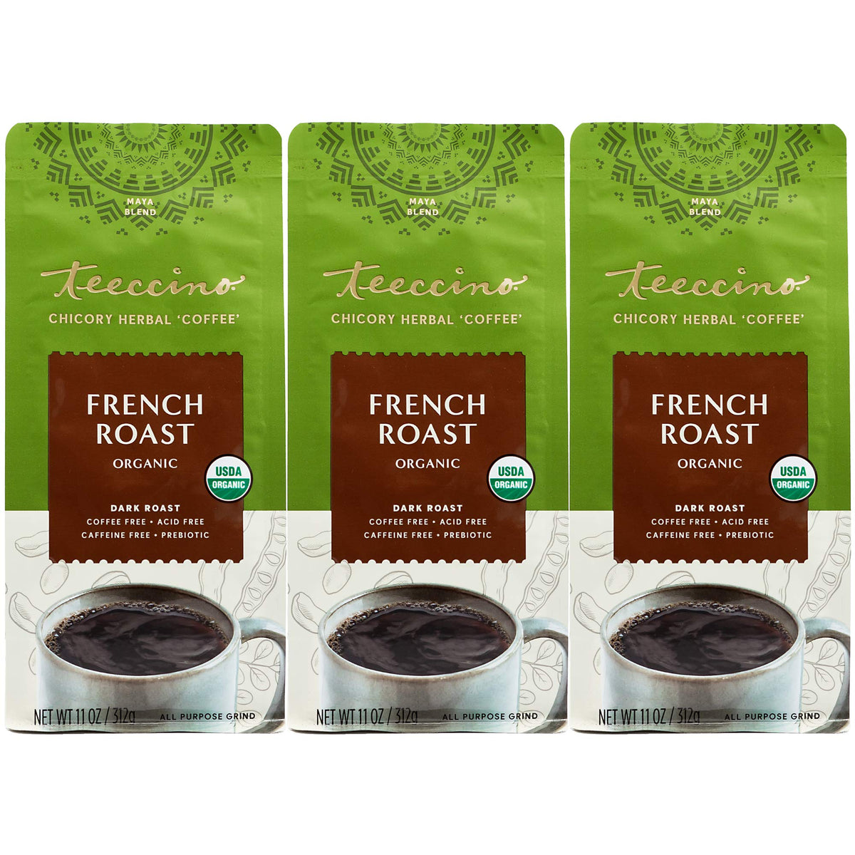 Teeccino French Roast Chicory Ground pack on counter for caffeine-free daily ritual