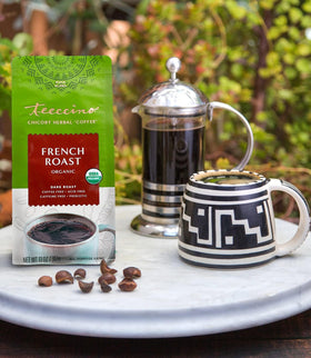 Steaming cup of Teeccino French Roast Chicory Ground ready to sip