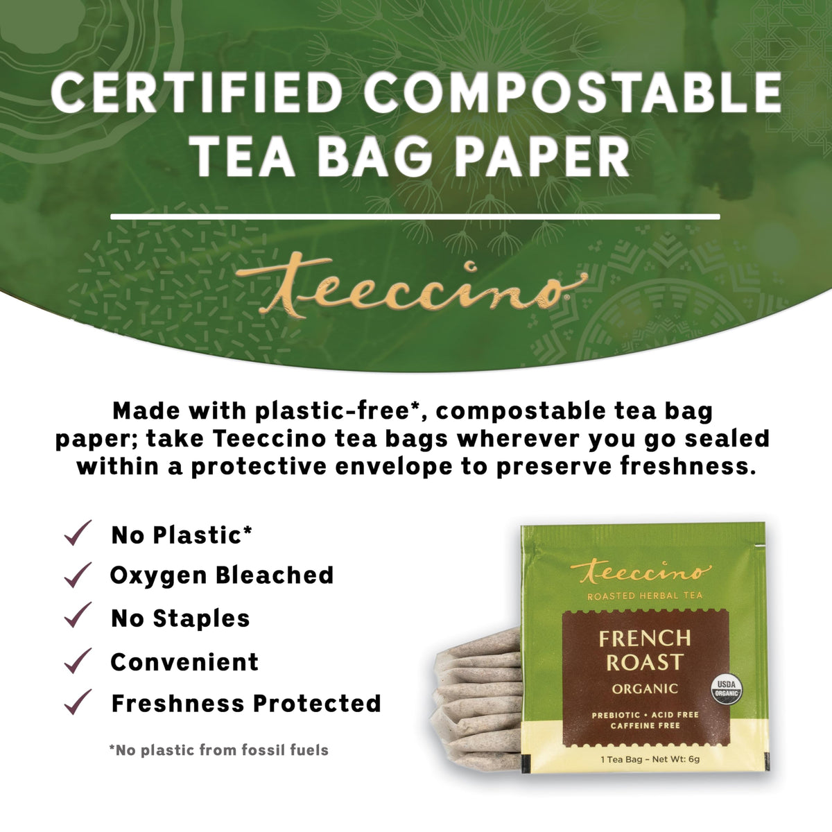 Teeccino French Roast iced tea served in a glass, a refreshing caffeine-free option.