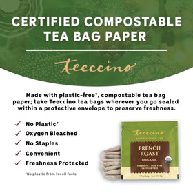 Teeccino French Roast iced tea served in a glass, a refreshing caffeine-free option.