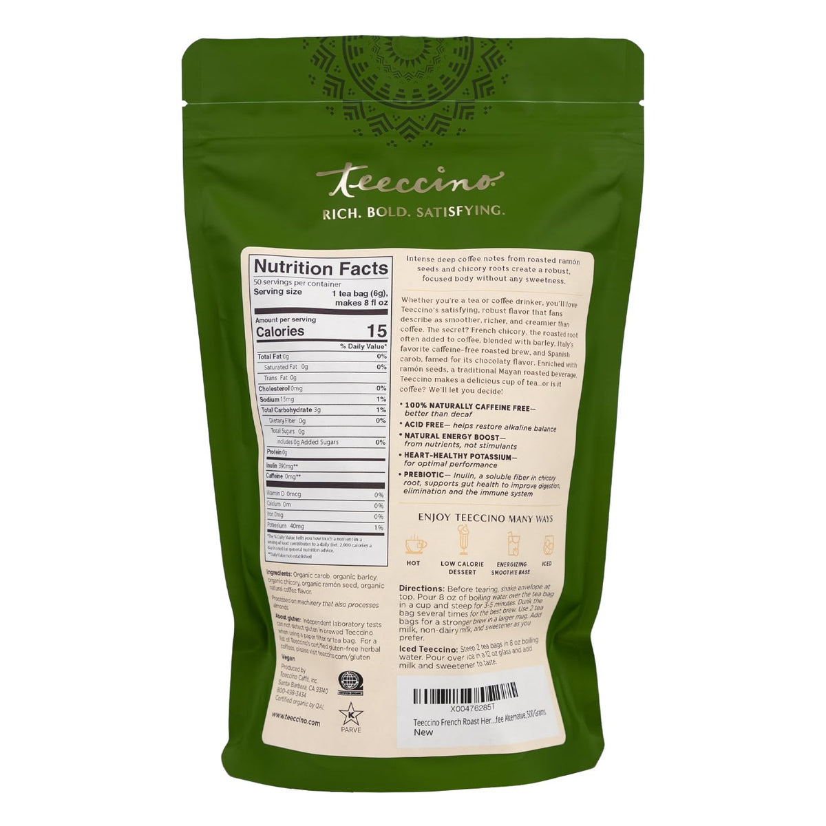 Pack of 50 Teeccino tagless bags with organic herbs.