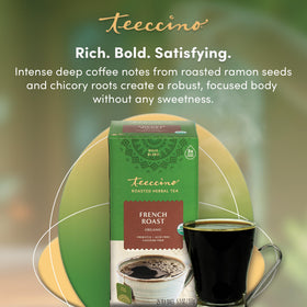 Teeccino French Roast packaging highlighting organic, non-GMO herbs and 25 bags.