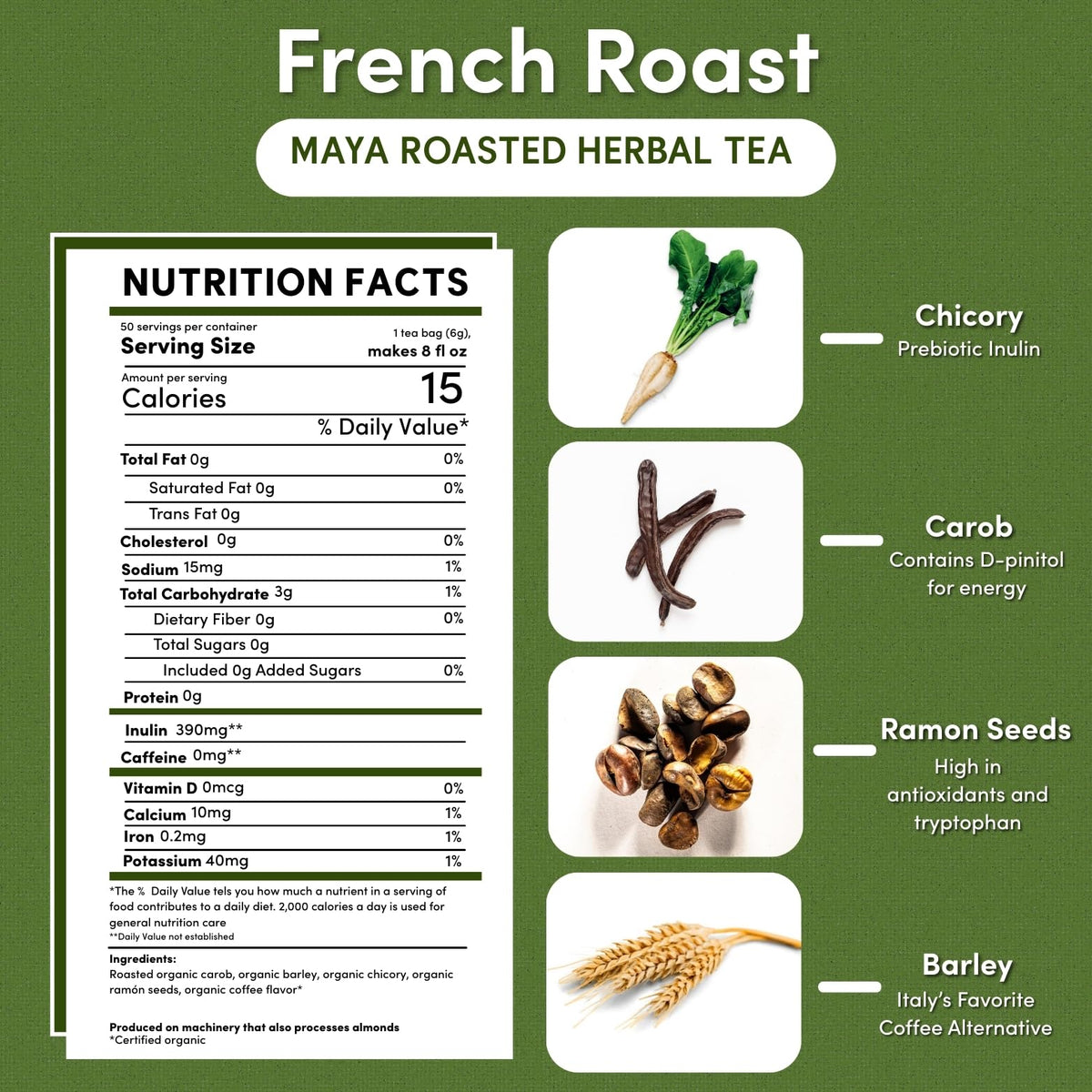 Teeccino French Roast packaging highlighting compostable tea bags and eco-friendly materials.