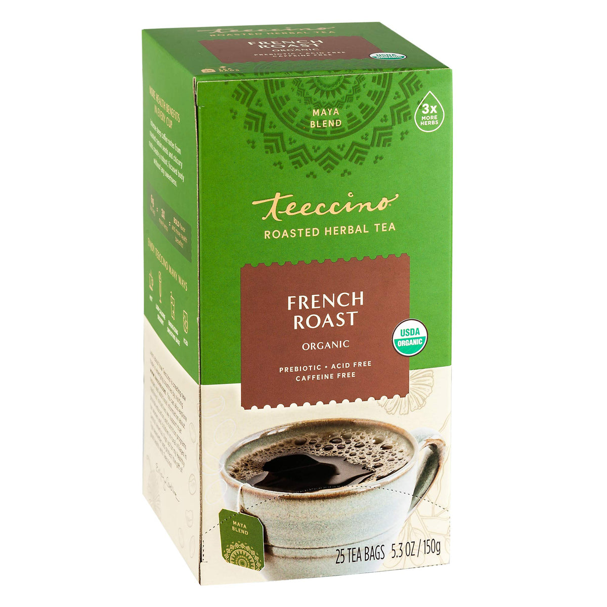 Teeccino French Roast tea bag displaying bold, coffee-like flavor without caffeine.