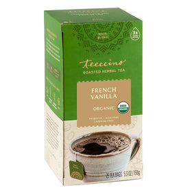 Teeccino French Vanilla Herbal Tea cup steam with coffee-like flavor, caffeine-free