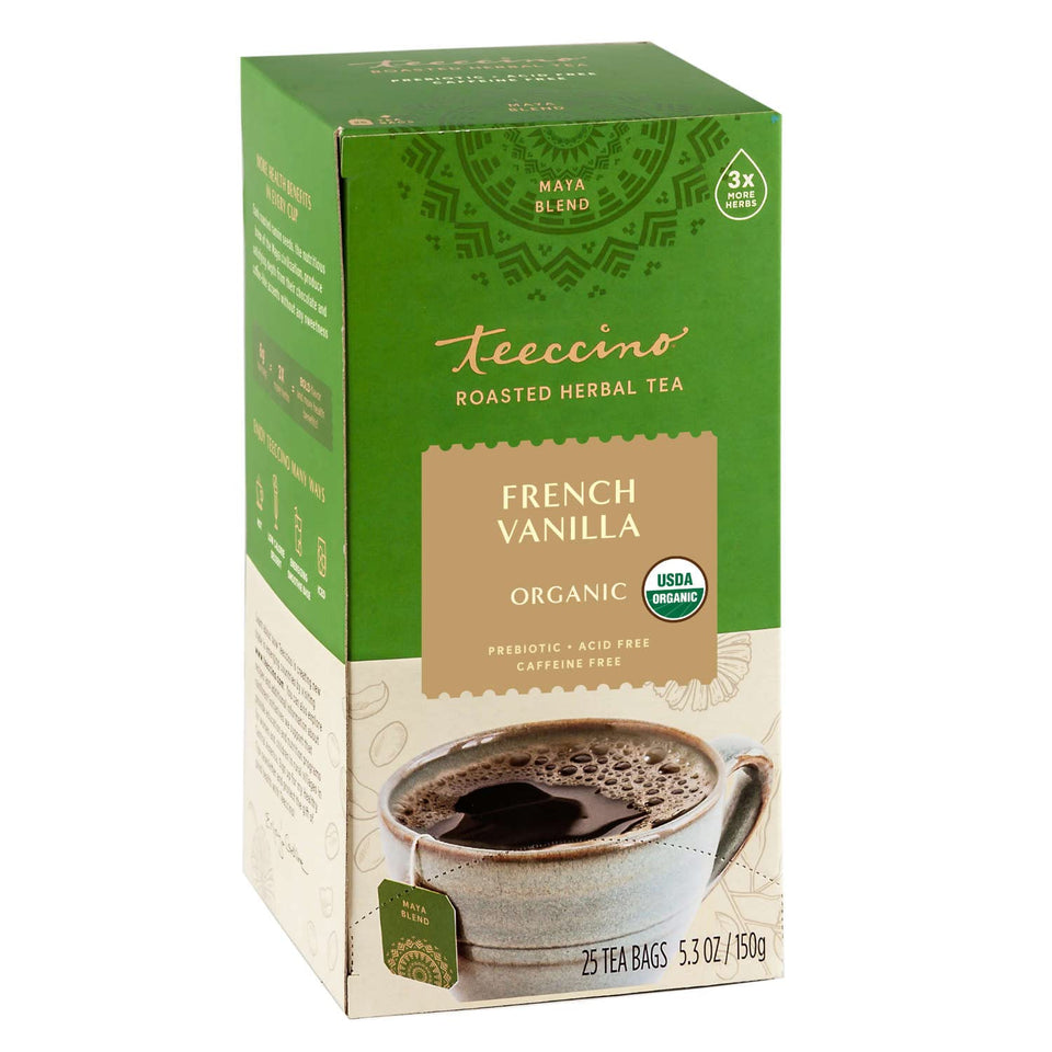 Teeccino French Vanilla Herbal Tea cup steam with coffee-like flavor, caffeine-free