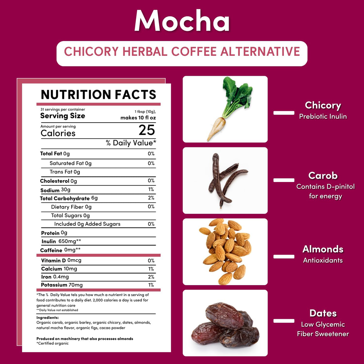 Teeccino ground herbal coffee 11oz bag ready for any brew method.