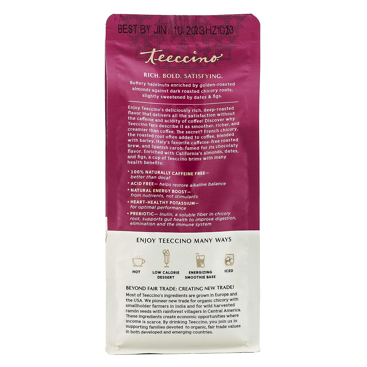 Teeccino Hazelnut Chicory brewed cup highlights aroma and smooth, caffeine-free taste