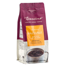 Teeccino Hazelnut Chicory coffee alternative package front, caffeine-free flavor option.