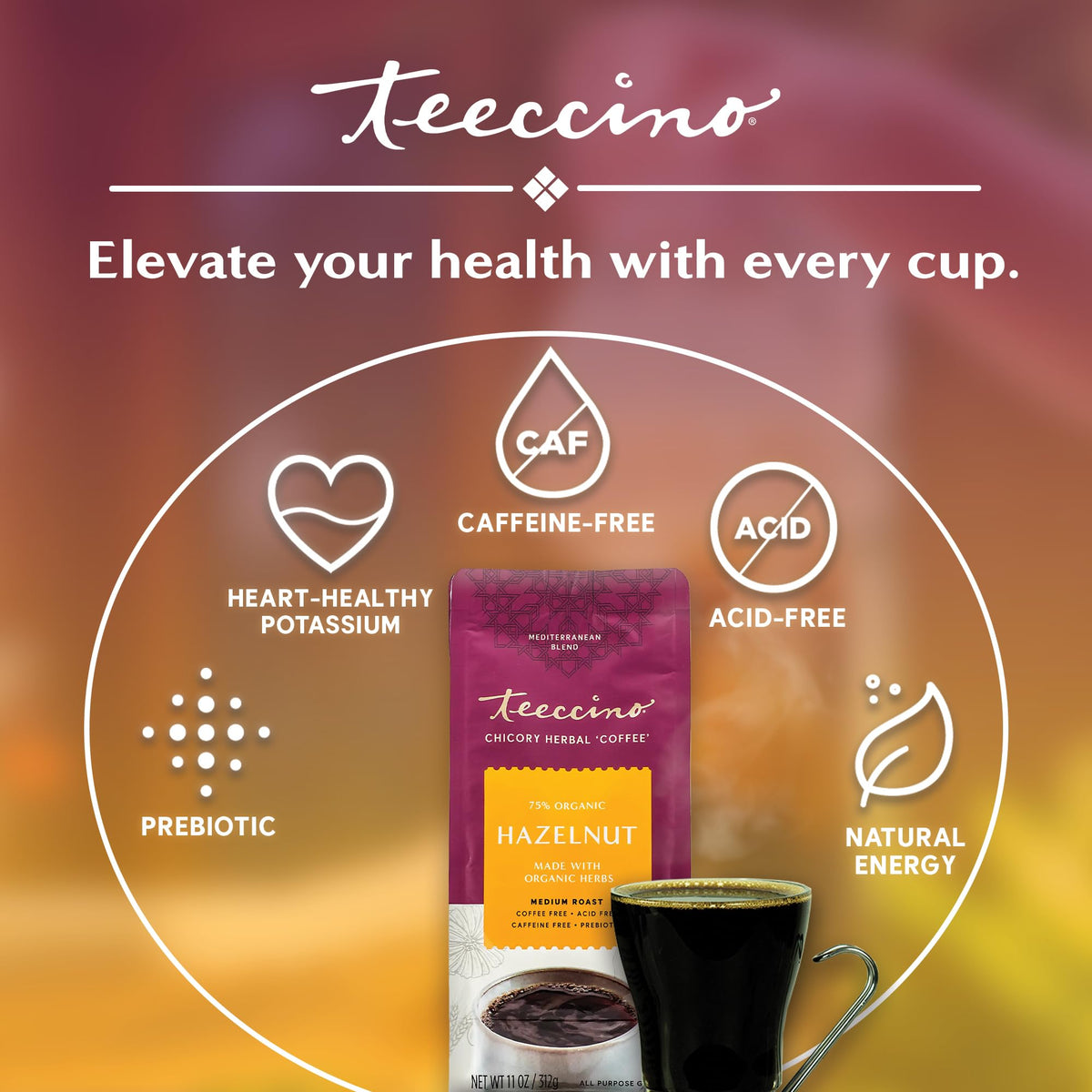 Teeccino Hazelnut Chicory coffee served hot or iced for any time.