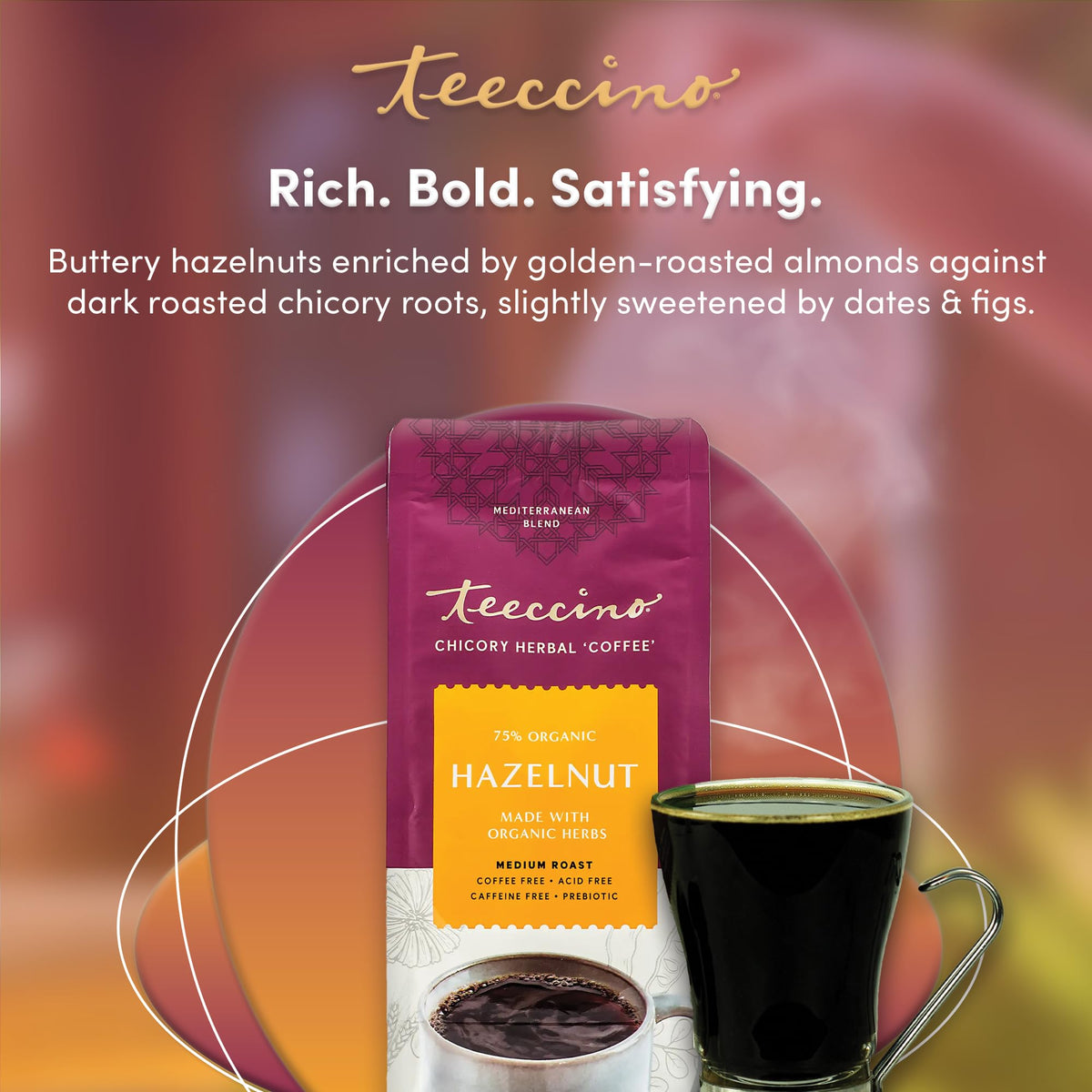Iced Teeccino Hazelnut Chicory in glass, refreshing caffeine-free option.