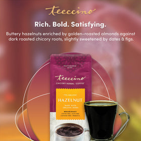 Iced Teeccino Hazelnut Chicory in glass, refreshing caffeine-free option.