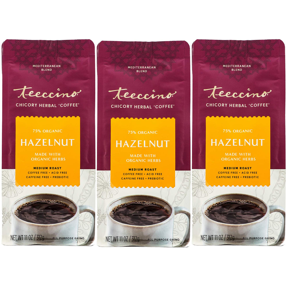 Teeccino Hazelnut Chicory Coffee packet displaying rich, caffeine-free blend.