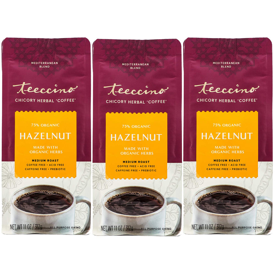 Teeccino Hazelnut Chicory Coffee packet displaying rich, caffeine-free blend.