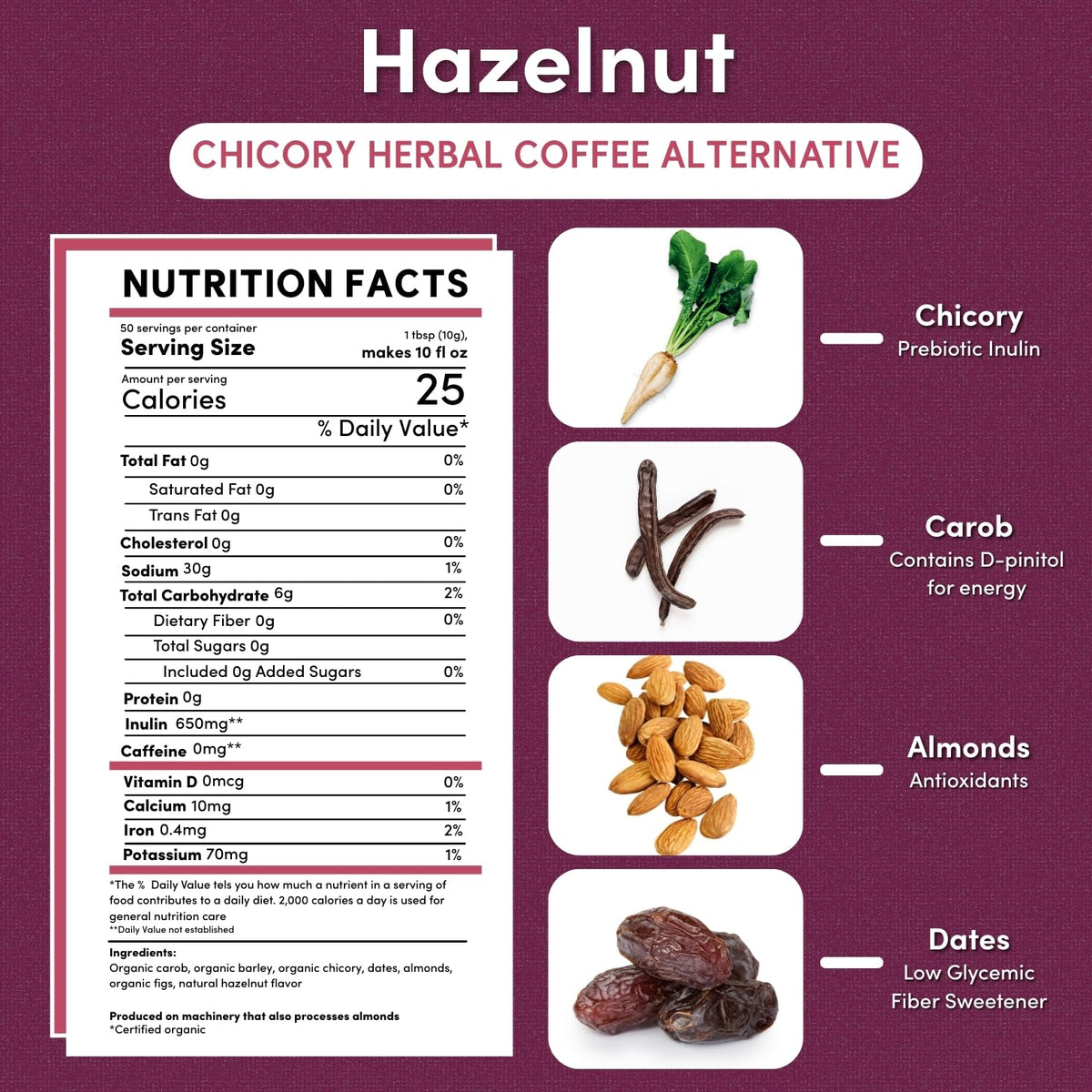 Teeccino Hazelnut Chicory ground reveals rich aroma for everyday brews.