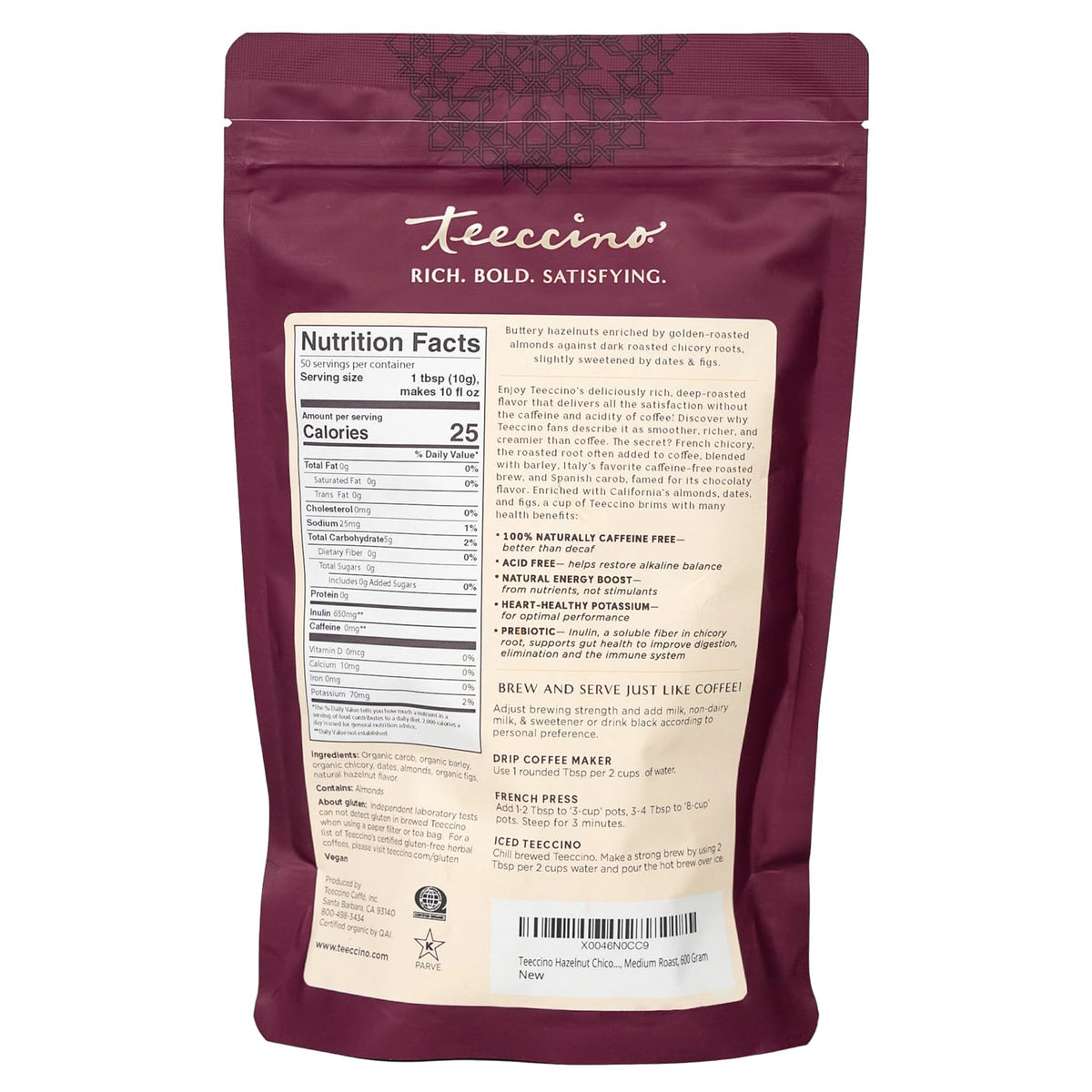 Package label highlights organic herbs and prebiotic inulin.