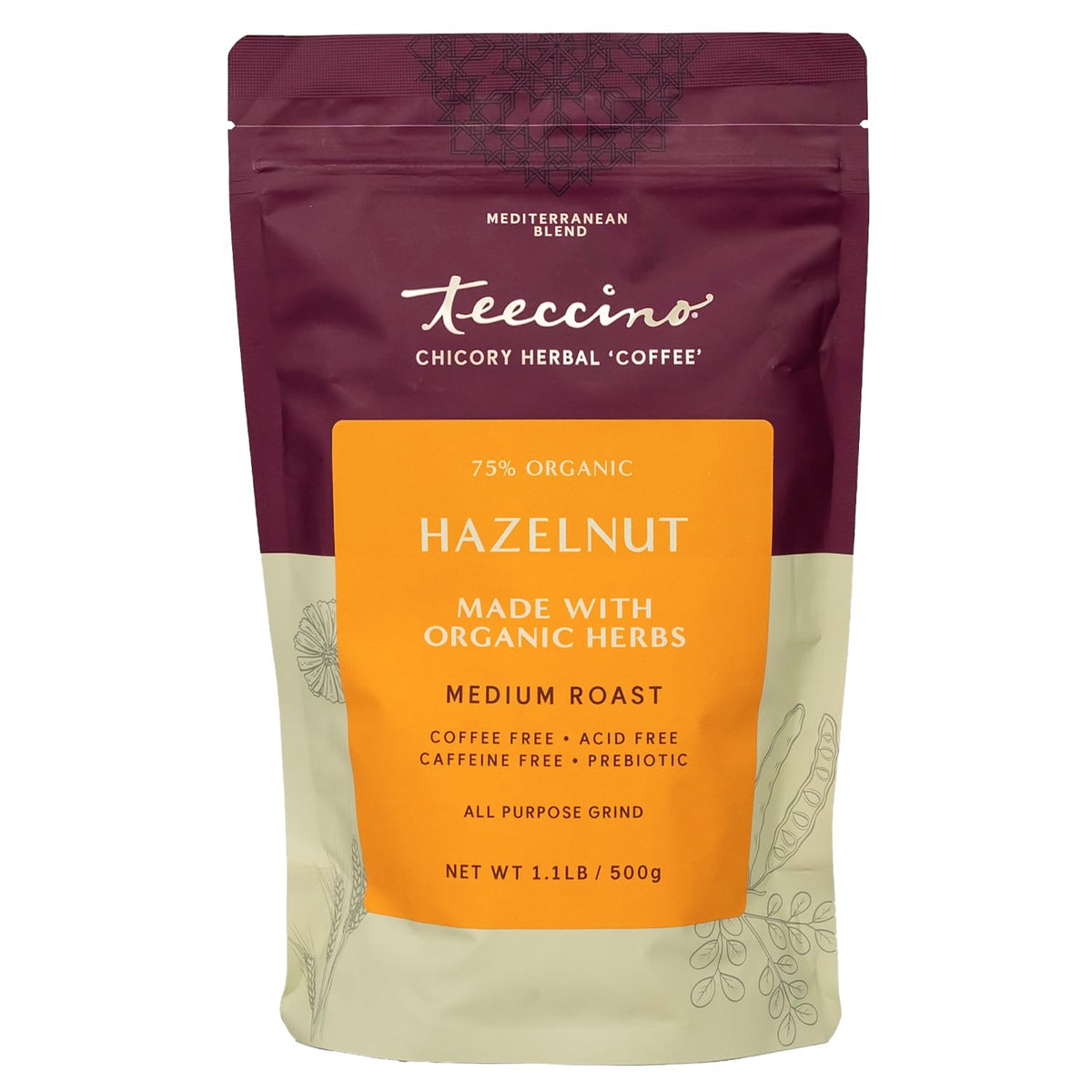 Teeccino Hazelnut Chicory packaging shows caffeine-free, acid-free herbal coffee substitute.