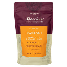 Teeccino Hazelnut Chicory packaging shows caffeine-free, acid-free herbal coffee substitute.