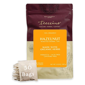 Teeccino Hazelnut Roasted Herbal Tea bag closeup reveals rich, buttery aroma.