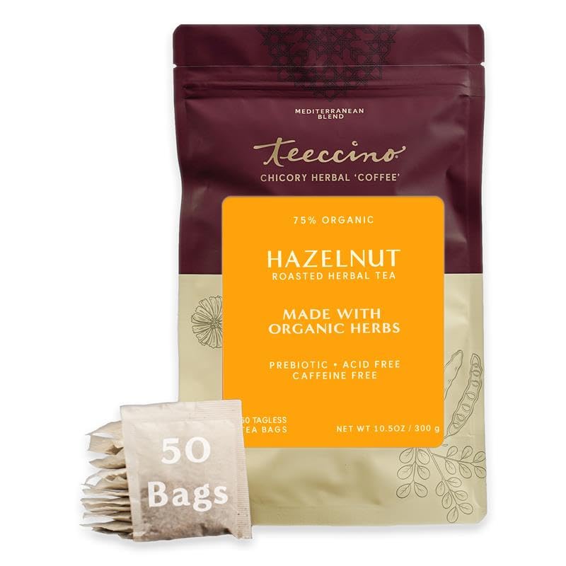 Teeccino Hazelnut Roasted Herbal Tea bag closeup reveals rich, buttery aroma.