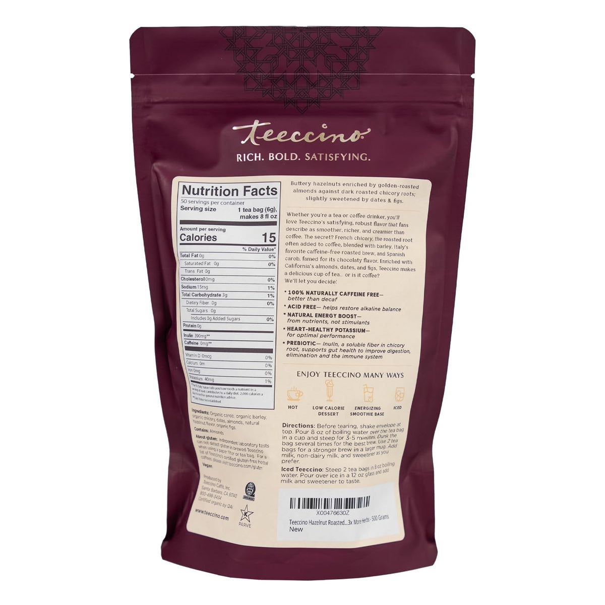 Teeccino Hazelnut Roasted Herbal Tea cup steaming, inviting a warm sip.