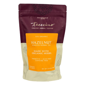 Teeccino Hazelnut Roasted Tea latte pour for hot or iced use.