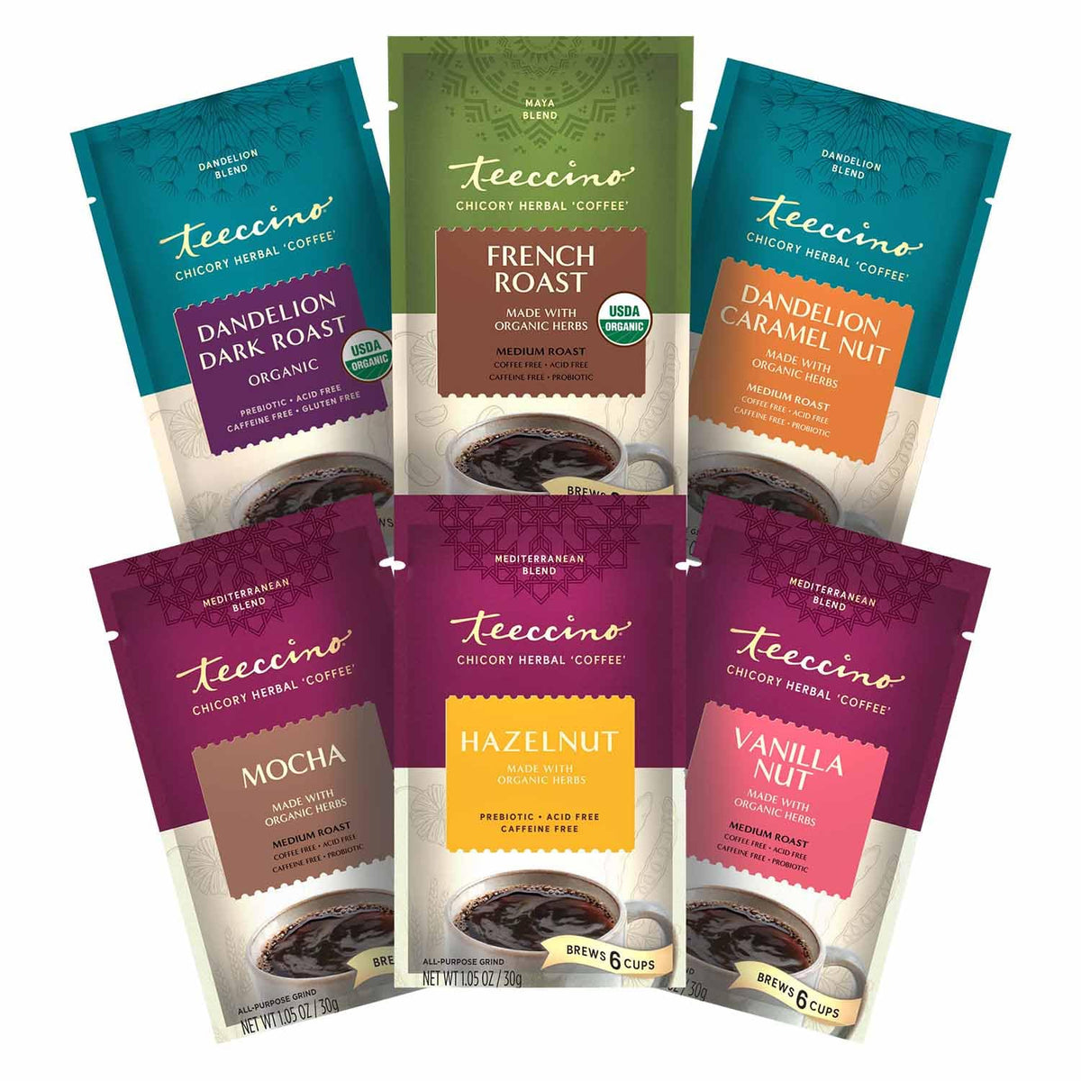 Teeccino Herbal Coffee Sampler front-pack showcasing six caffeine-free blends for tasting.
