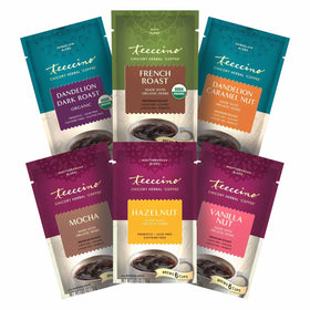 Teeccino Herbal Coffee Sampler front-pack showcasing six caffeine-free blends for tasting.