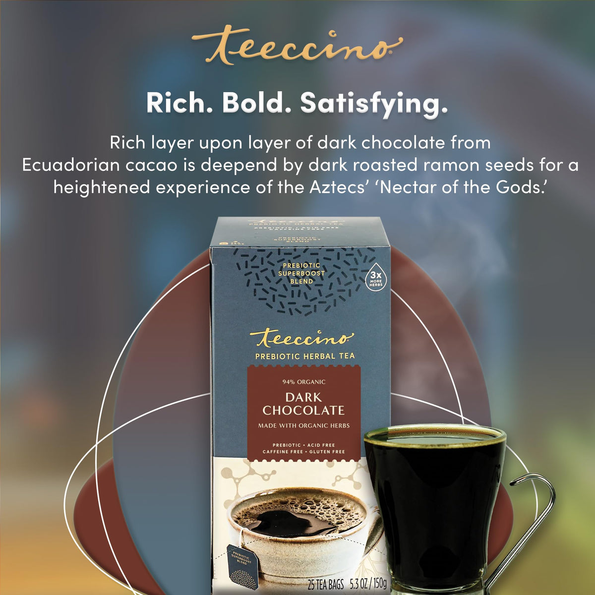 Teeccino hot or iced tea served in a glass for versatile enjoyment