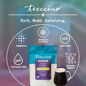 Teeccino ingredients showcase chicory and dandelion roots for prebiotic flavor.