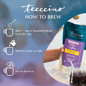Teeccino Instant Dandelion Blend label highlights gluten-free, organic herbs and serving size.