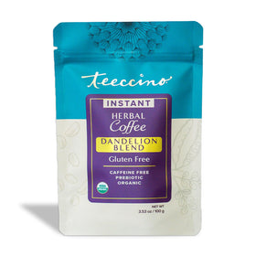 Teeccino Instant Dandelion Blend packaging highlights gluten-free, caffeine-free coffee alternative.