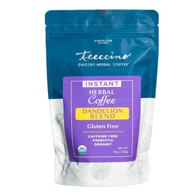 Teeccino Instant Dandelion Blend packaging highlights a gluten-free herbal coffee alternative.
