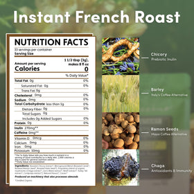 Teeccino Instant French Roast cup hot reveals a rich aroma with caffeine-free energy for any time of day.