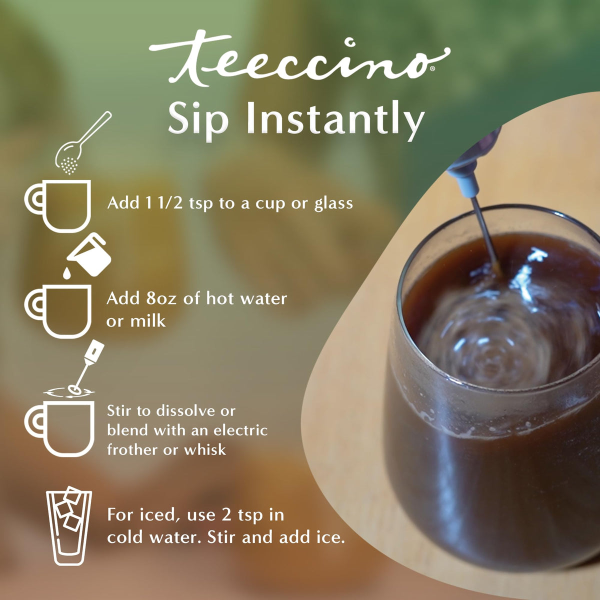 Teeccino Instant French Roast ingredients showcase chicory and seeds for a gentle, gut-friendly herbal coffee alternative.