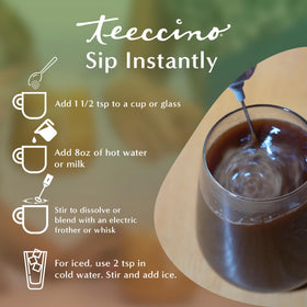 Teeccino Instant French Roast ingredients showcase chicory and seeds for a gentle, gut-friendly herbal coffee alternative.